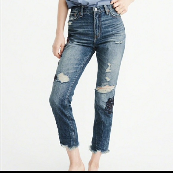 A&F Raw Hem Embroided Girlfriend Jeans - Picture 2 of 5